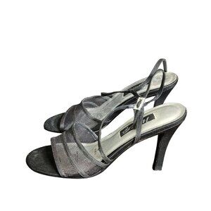 Night Life Black Satin Sandals 8N Stiletto Heel Mesh Evening Wedding Rhinestone